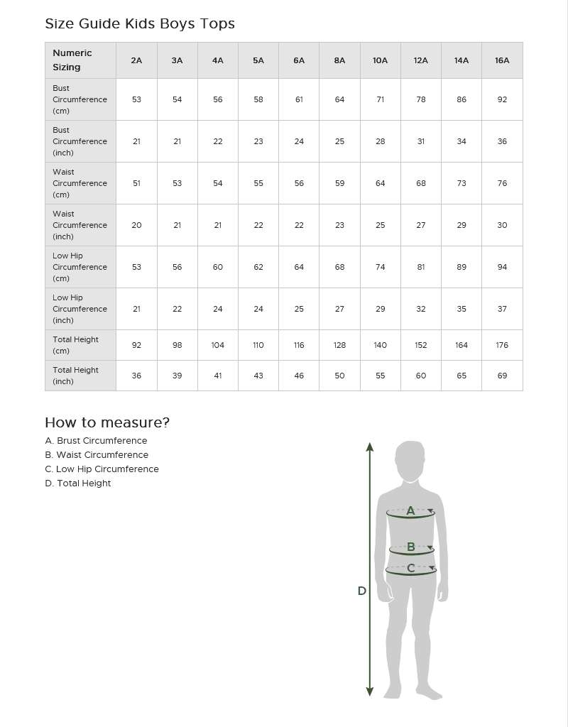 size guide for kids boys polos