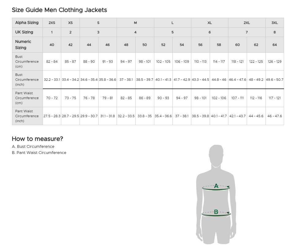 size guide for men clothing jackets