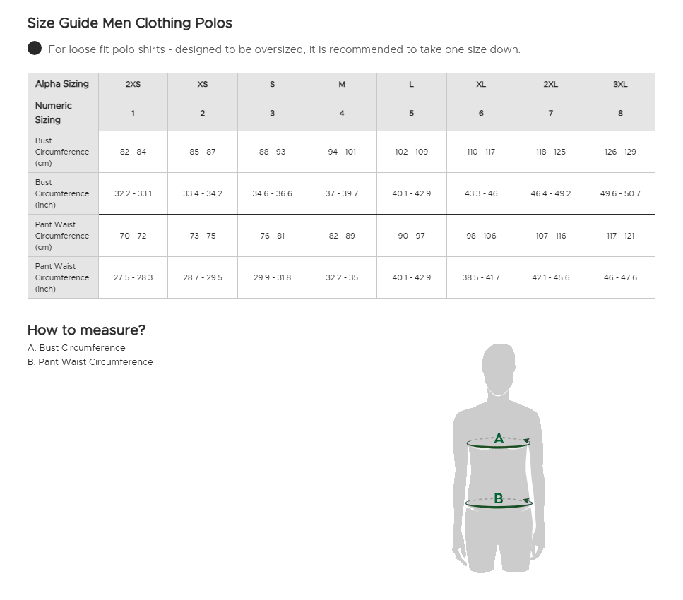 size guide for men clothing polos
