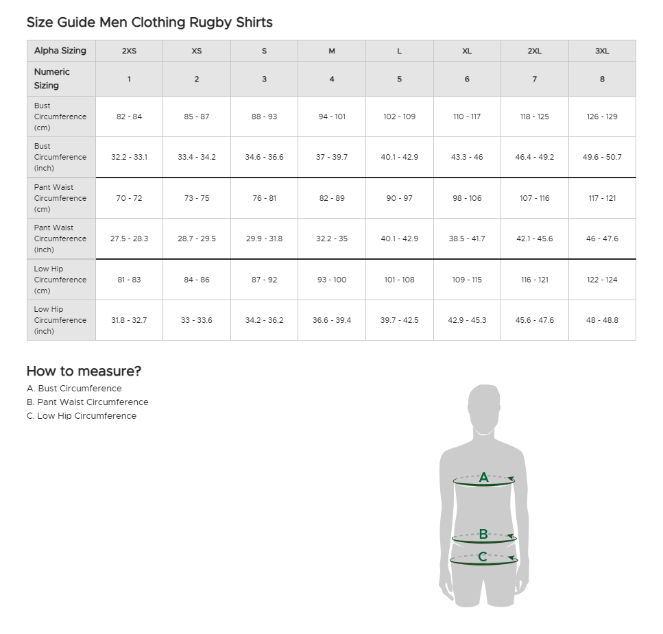 size guide for men clothing shirts