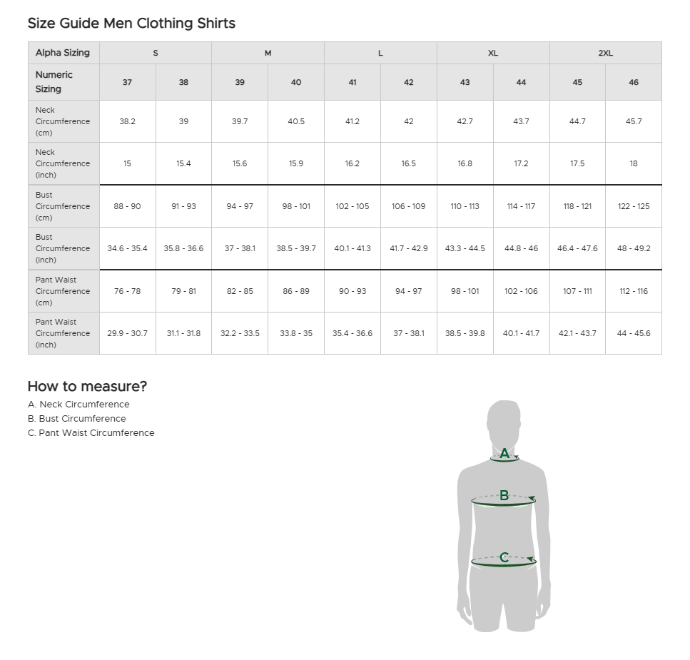 size guide for men clothing shirts