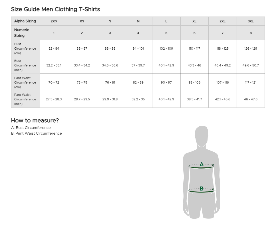 size guide for men clothing tshirts