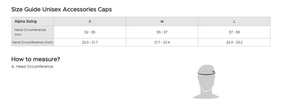 size guide for men accessories caps