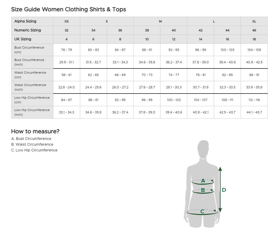 size guide for women clothing shirts tops