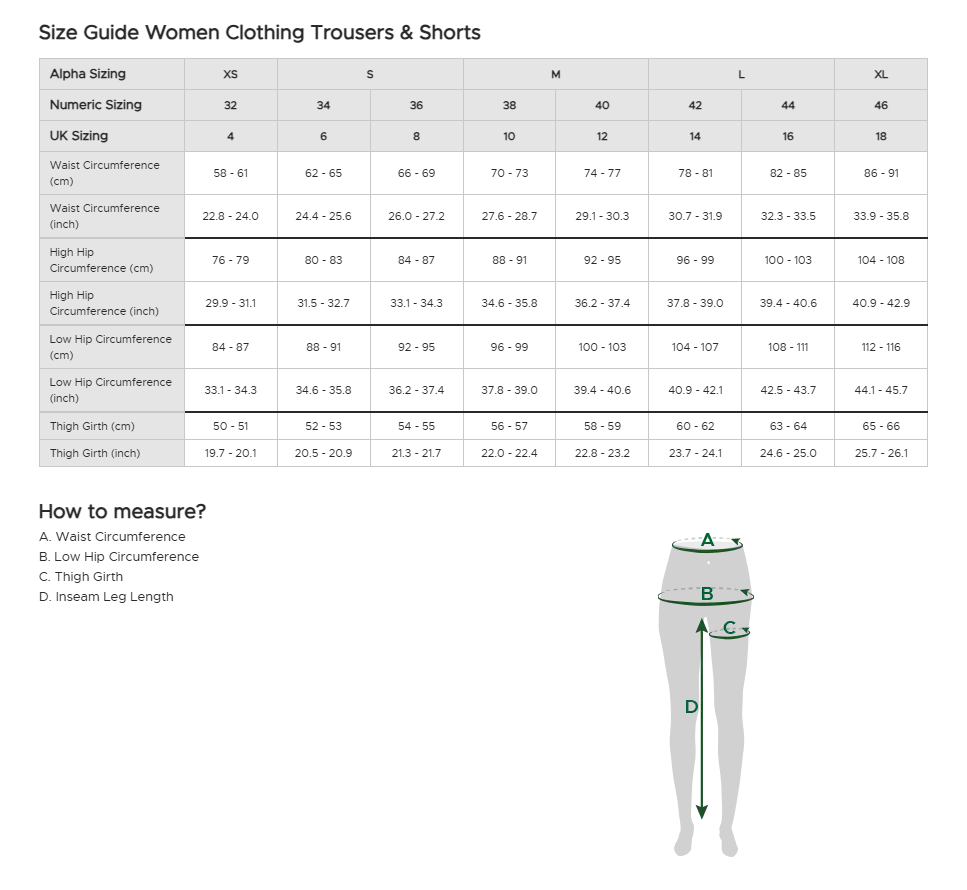 size guide for women clothing trousers shorts