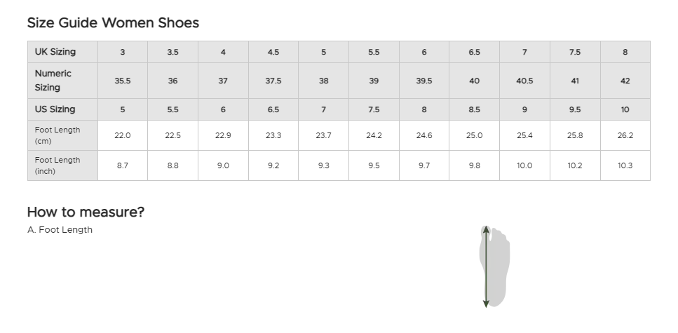 size guide for women shoes